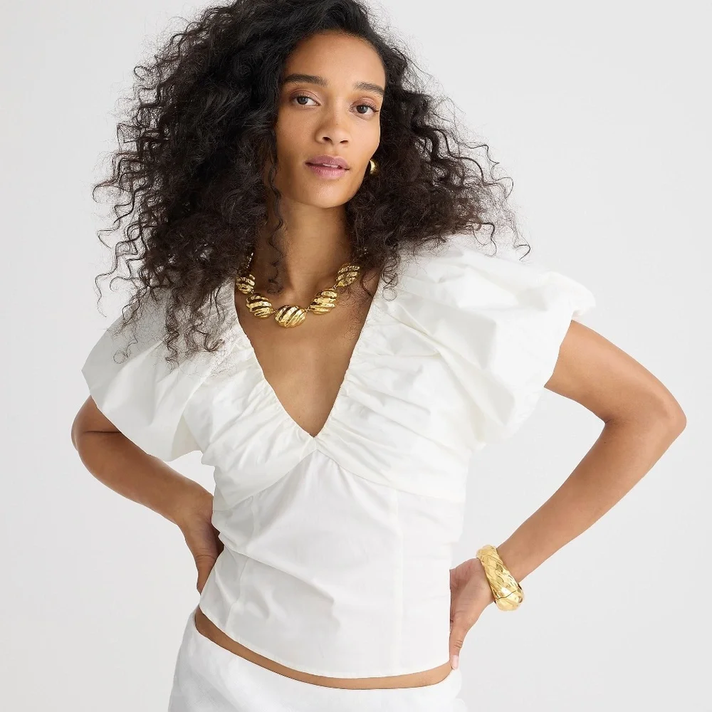 J. Crew Ivory Puff-Sleeve Deep V Blouse